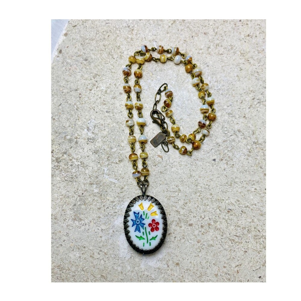 Vintage Painted Glass Floral Pendant Necklace // Retro Botanical Jewelry